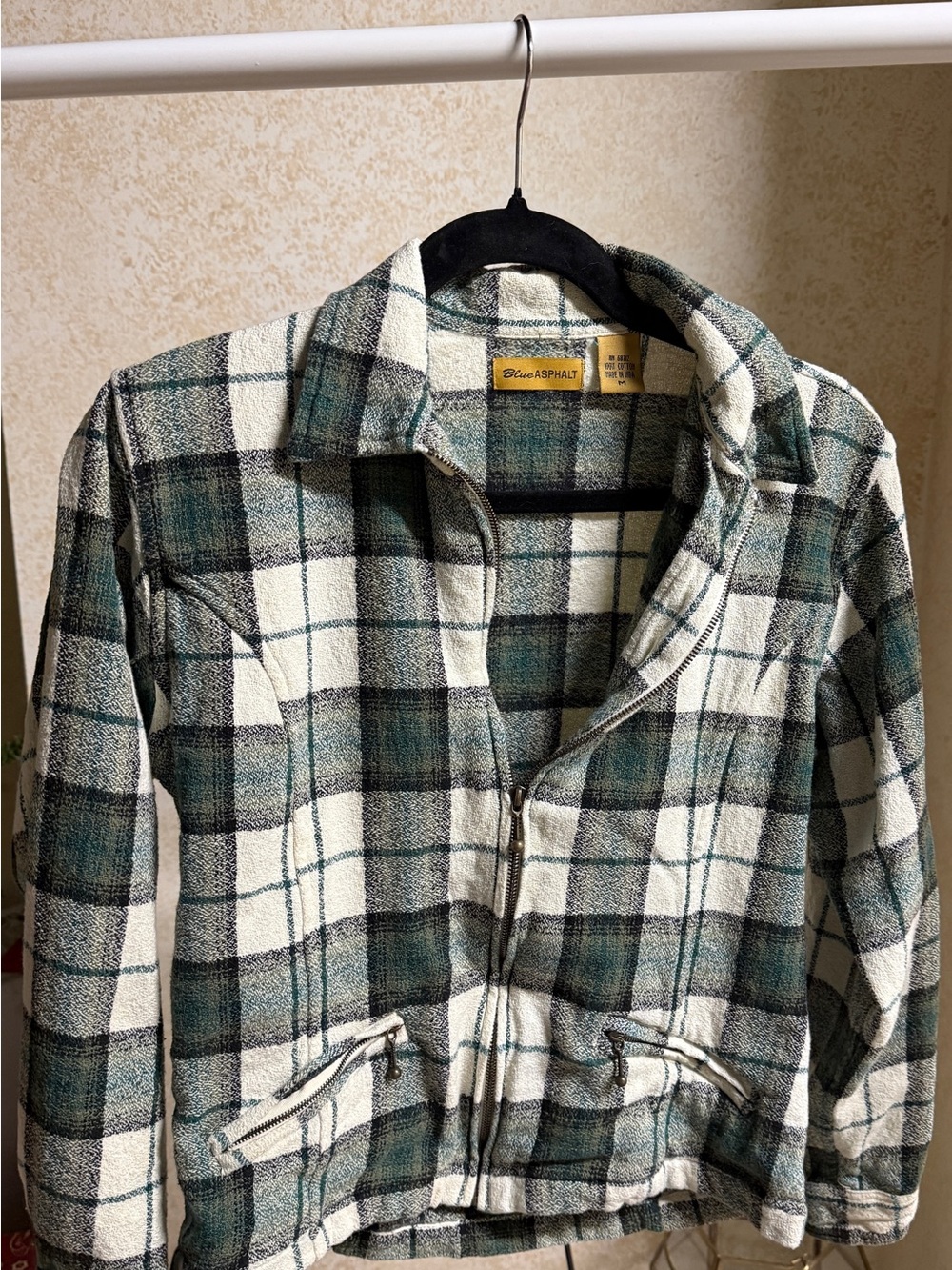 Vintage Blue Asphalt Women's Green Plaid Zip Crop Jacket